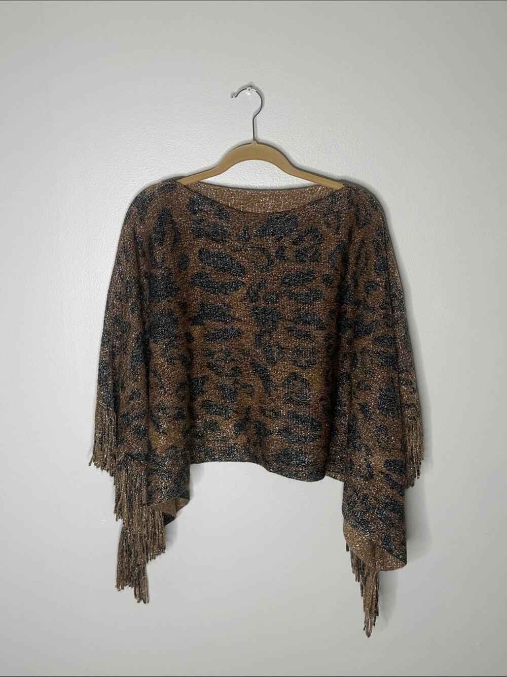 Fringed Animal Print Knit Poncho Sweater - Brown/Black OS